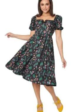 New! Unique Vintage Forest Whimsy Print Swing Dress 1950s Retro Quality Sz S #40